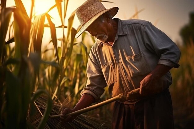 a farmer is working in a corn field with a hat on