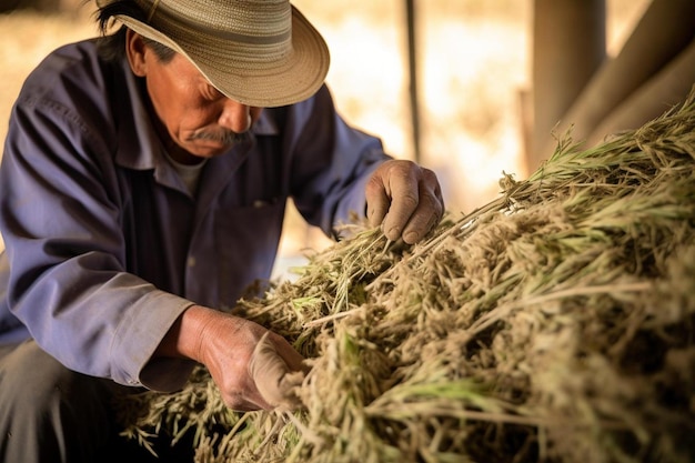 a farmer is working in his barn with his hands in a straw hat.