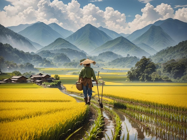 A farmer in a large rice field mountains in the background Ai Image With Prompt