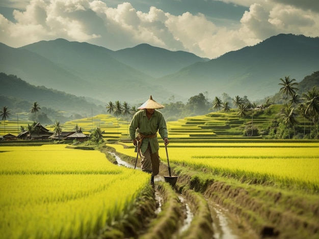 Foto un agricoltore in un grande campo di riso montagne sullo sfondo ai image with prompt