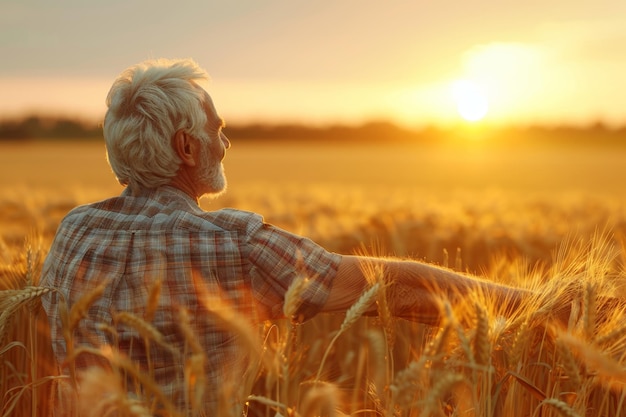 Foto il contadino guarda il campo di grano