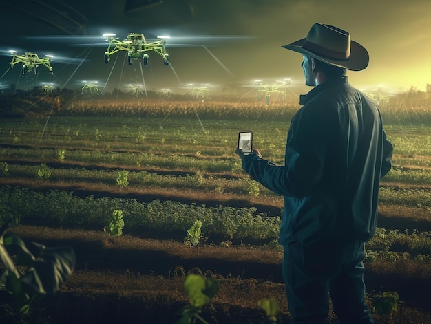 Photo farmer looking at hologram plans digital farming concept ai generated