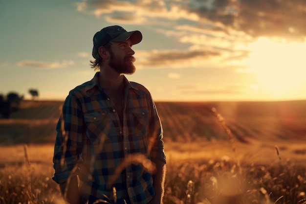 A farmer looking at the sky during sunset