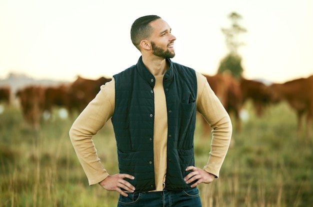 Farmer man and agriculture field with farming and view grass with livestock and sustainability growth and environment Nature outdoor and positive mindset on farm land in Texas with cattle herd