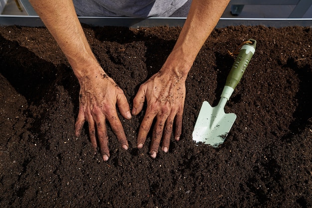 Farmer man hands dirty on substratum