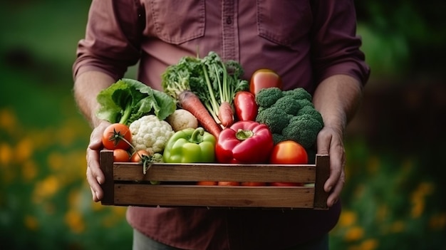 a farmer man holds a box of vegetables in his hands