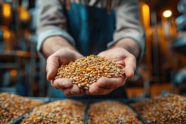 farmer man holds handful of crop of wheat grain in hands inside farm closeup