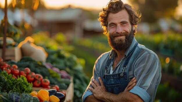 Photo farmer man in the sunset