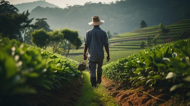 Photo farmer man walking over plantation at farm