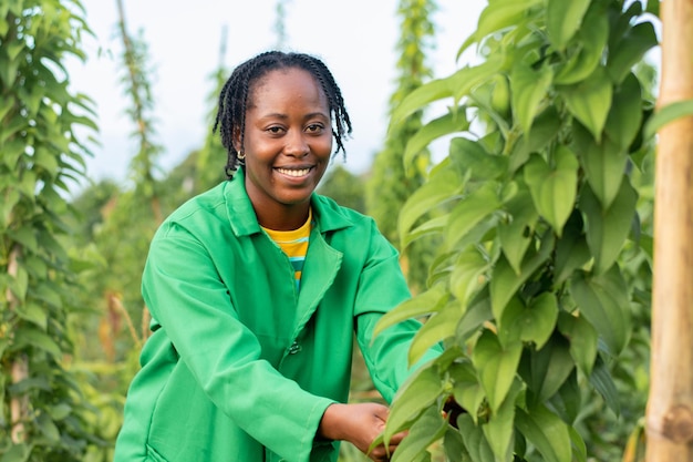 彼女の植物を観察する農夫