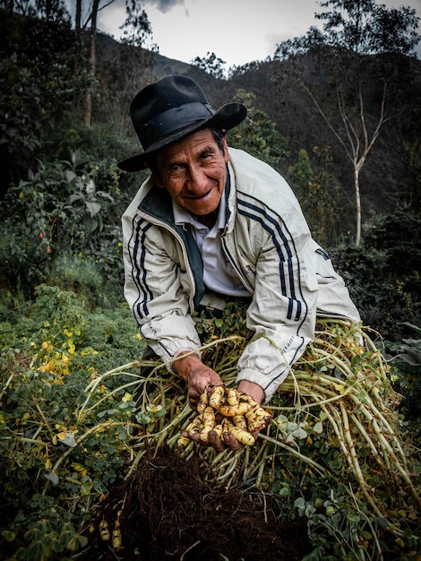 Farmer in organic farm in the mountains of Peru