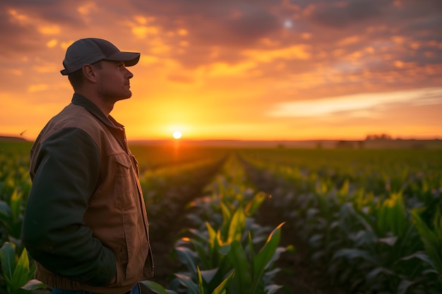 Farmer Overlooking Cornfield at Sunset