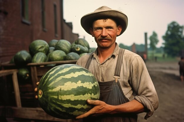 Farmer picking a watermelon from the field