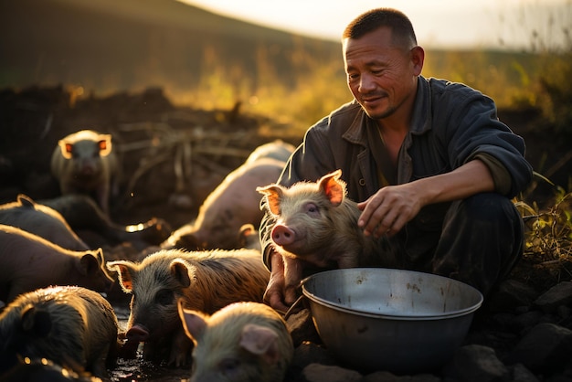 Фермер и свиньи вокруг него Свиноферма в деревне