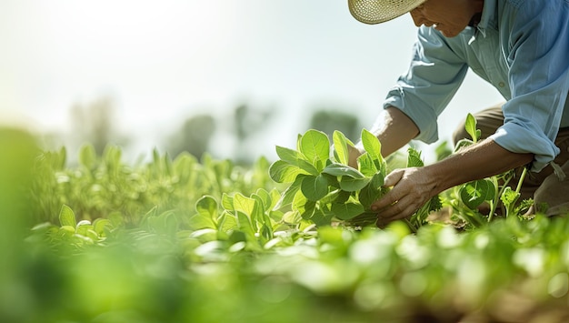 Farmer planting clover seedlings in the field agriculture concept