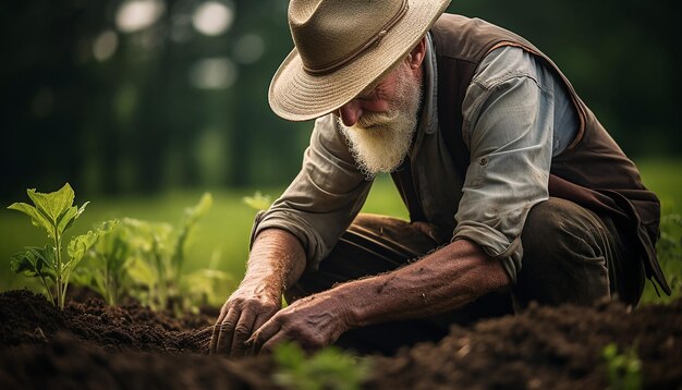 Photo a farmer planting in the fields