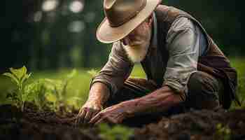 Photo a farmer planting in the fields