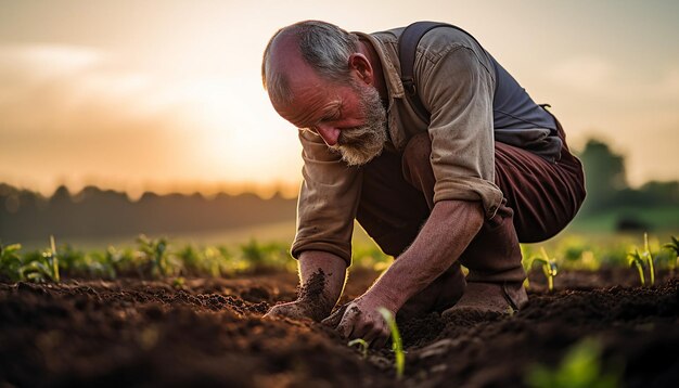 Photo a farmer planting in the fields