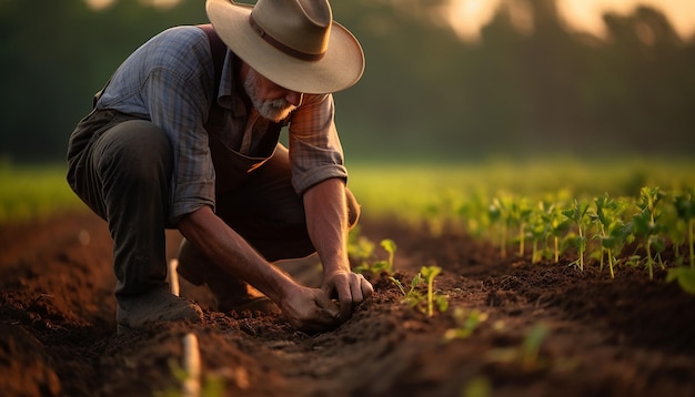 Photo a farmer planting in the fields