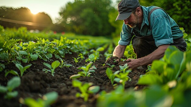 Photo a farmer planting hedgerows windbreaks background