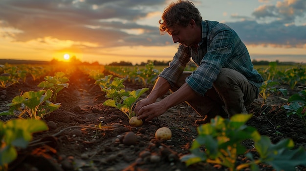 Photo farmer planting seed potatoes in a field background