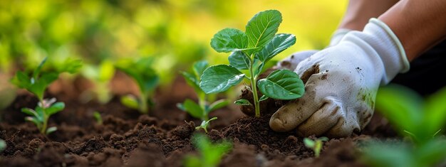 農夫が庭の鉢から苗を植える