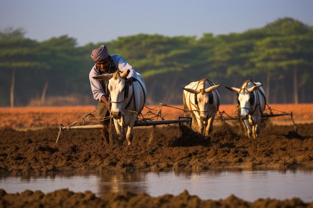 a farmer plowing a field with oxen.