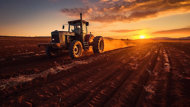 farmer plowing his fields at sunset