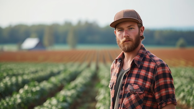 A farmer poses against the background of a farm