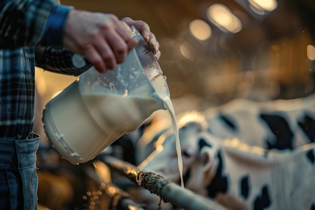 Фермер наливает сырое молоко в контейнер и доит сырое млеко у коров на молочной ферме на заднем плане
