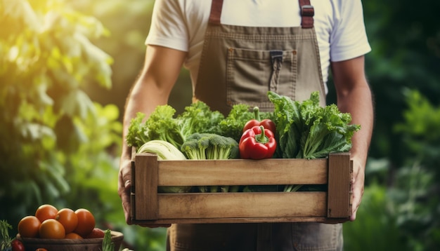 Farmer proudly displaying box of assorted freshly harvested vegetables on sunlit farm