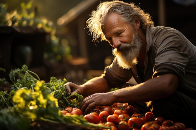 Farmer reaps fresh vegetables in sunny garden generative IA