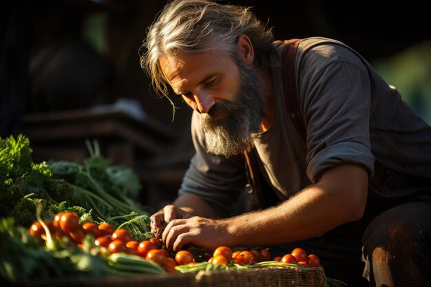 Farmer reaps fresh vegetables in sunny garden generative IA