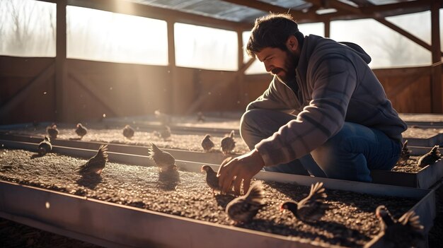 Farmer releasing a group of quails into a spacious aviary