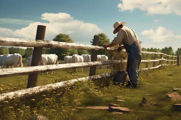 Foto agricoltore che ripara una sezione di una recinzione in una mucca generative ai