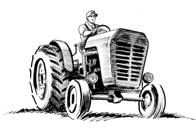 Farmer on retro tractor. Ink black and white drawing