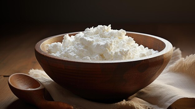 Farmer's cottage cheese in a traditional clay bowl on a dark wooden background