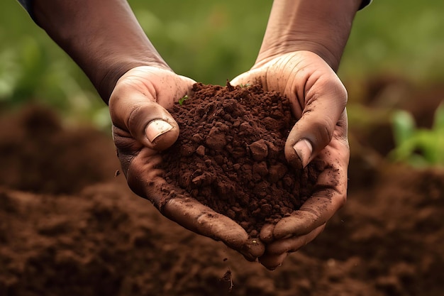 A farmer's hands holding a handful of soil