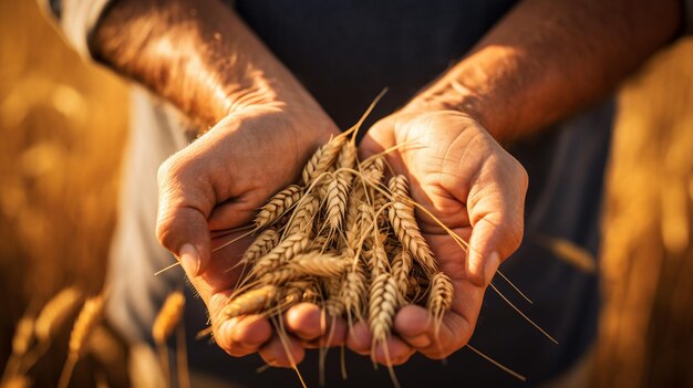 Farmer's hands holding harvested wheat