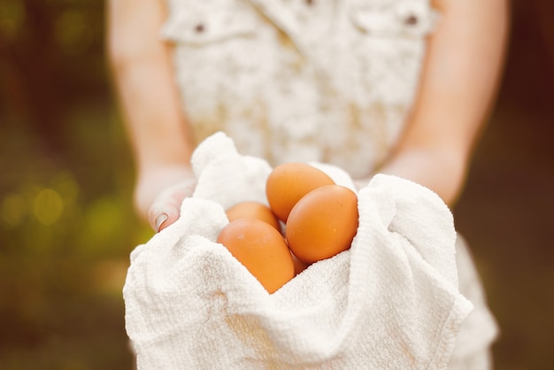 Farmer's hands holding some natural eggss