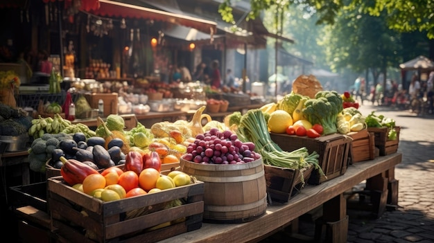 Foto la bancarella di un mercato contadino piena di frutta e verdura di provenienza locale ia generativa