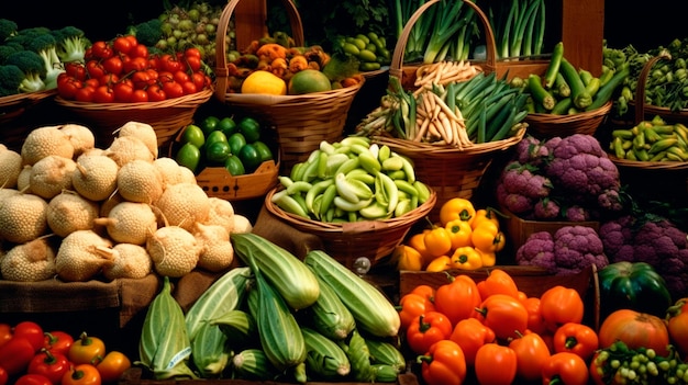 Овощи и различные продукты на фермерском рынке Генеративный ИИ