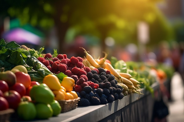 Farmer's market with an array of fresh fruits and vegetables on display summer