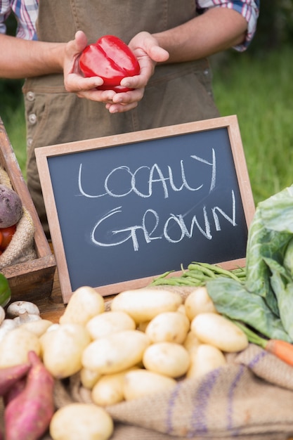 Foto agricoltore che vende la verdura organica al mercato