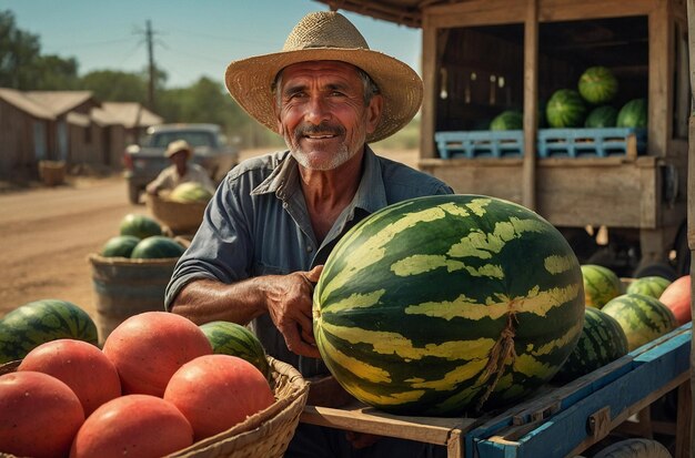 A farmer selling watermelons at a roadside stand