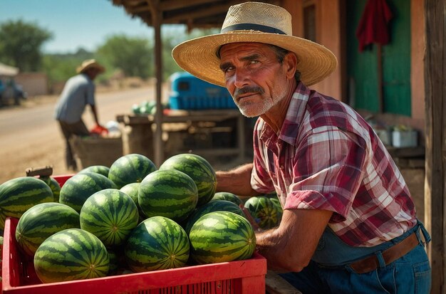 A farmer selling watermelons at a roadside stand