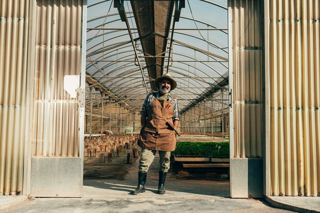 Farmer senior man working in his farm and greenhouse