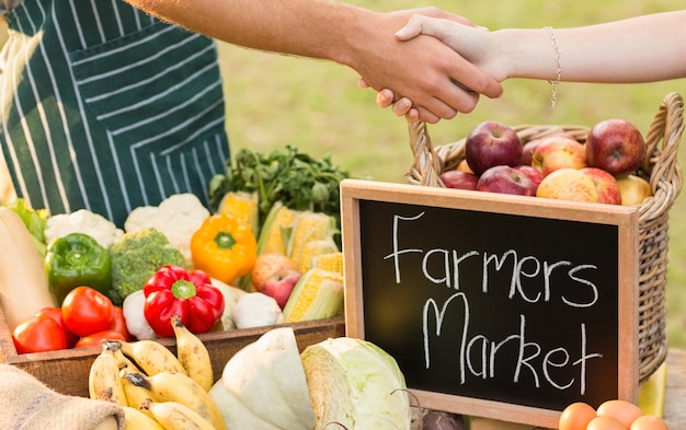 Foto agricoltore che stringe la mano dei suoi clienti