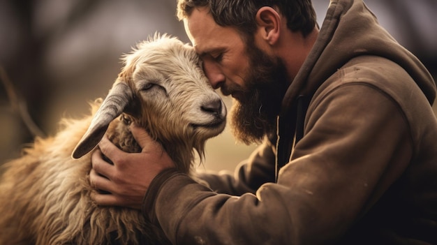 A farmer shares a warm embrace with their loyal goat exemplifying the close relationships formed between humans and farm animals