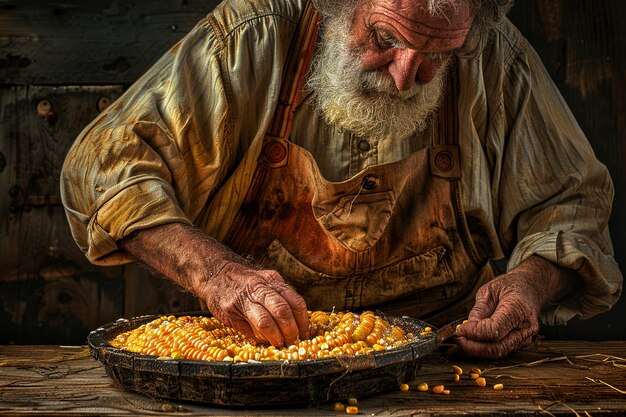 Photo a farmer shucking corn on a wooden table